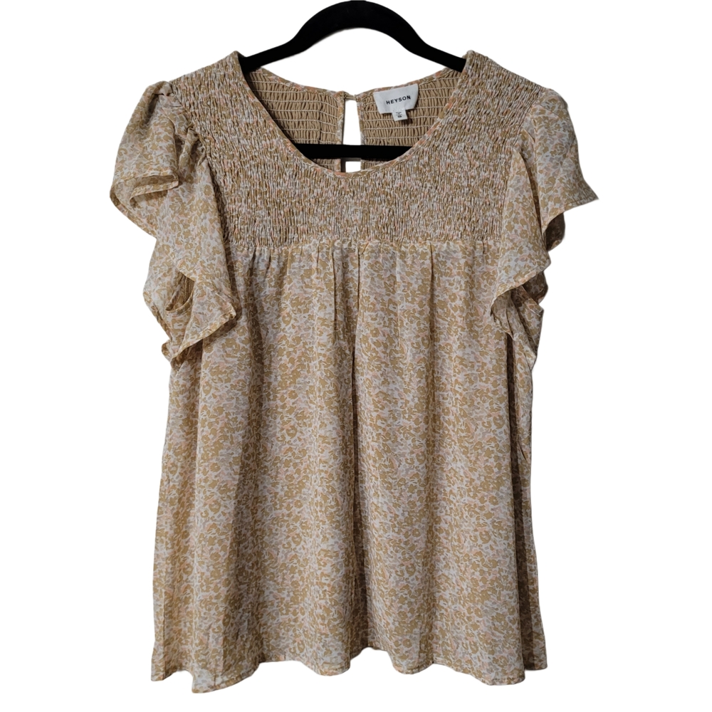 Heyson Chic Cream Floral Peasant Blouse with Ruffled Sleeves